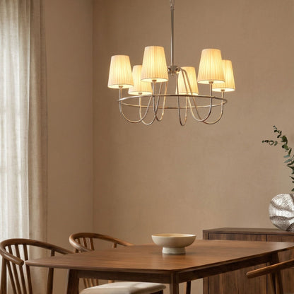 Six Light Pendant Chandelier Silver Fabric Shades