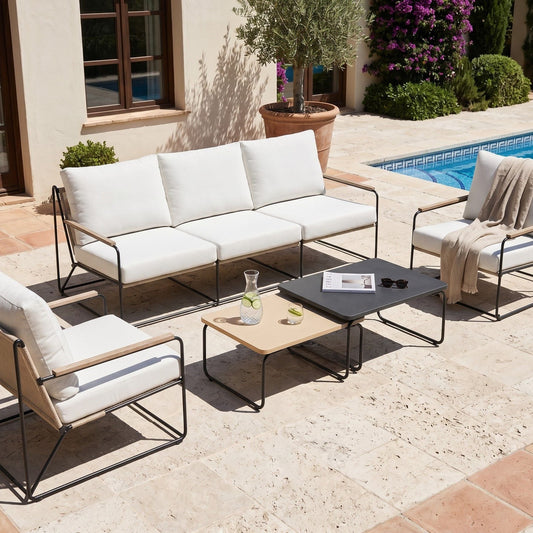 Garden Sofa Set 5 Seater Black Beige Nesting Coffee Tables