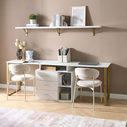 White L-Shaped Corner Desk With Gold Legs And Storage