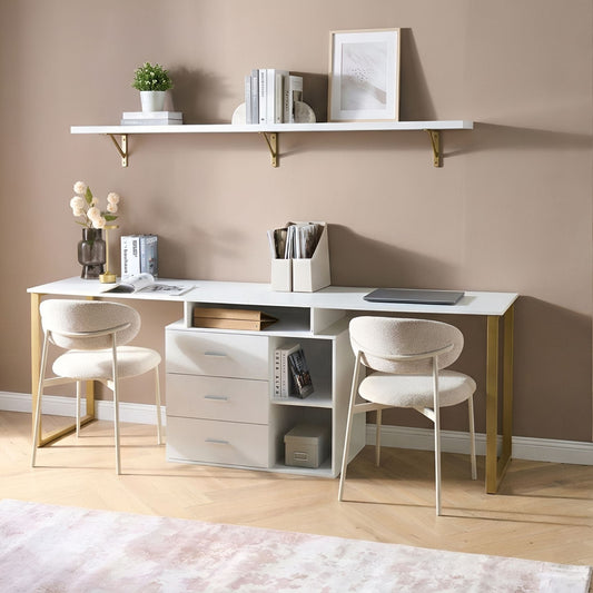 White L-Shaped Corner Desk With Gold Legs And Storage