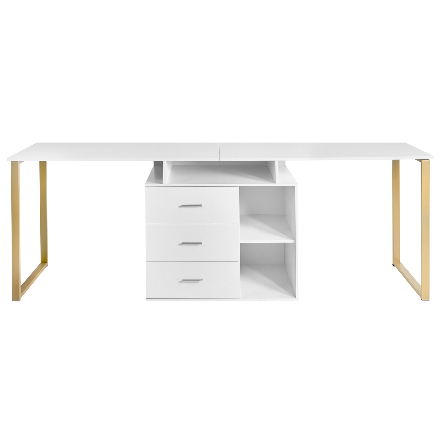 White L-Shaped Corner Desk With Gold Legs And Storage