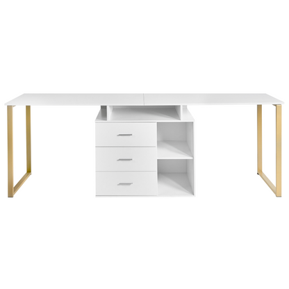White L-Shaped Corner Desk With Gold Legs And Storage