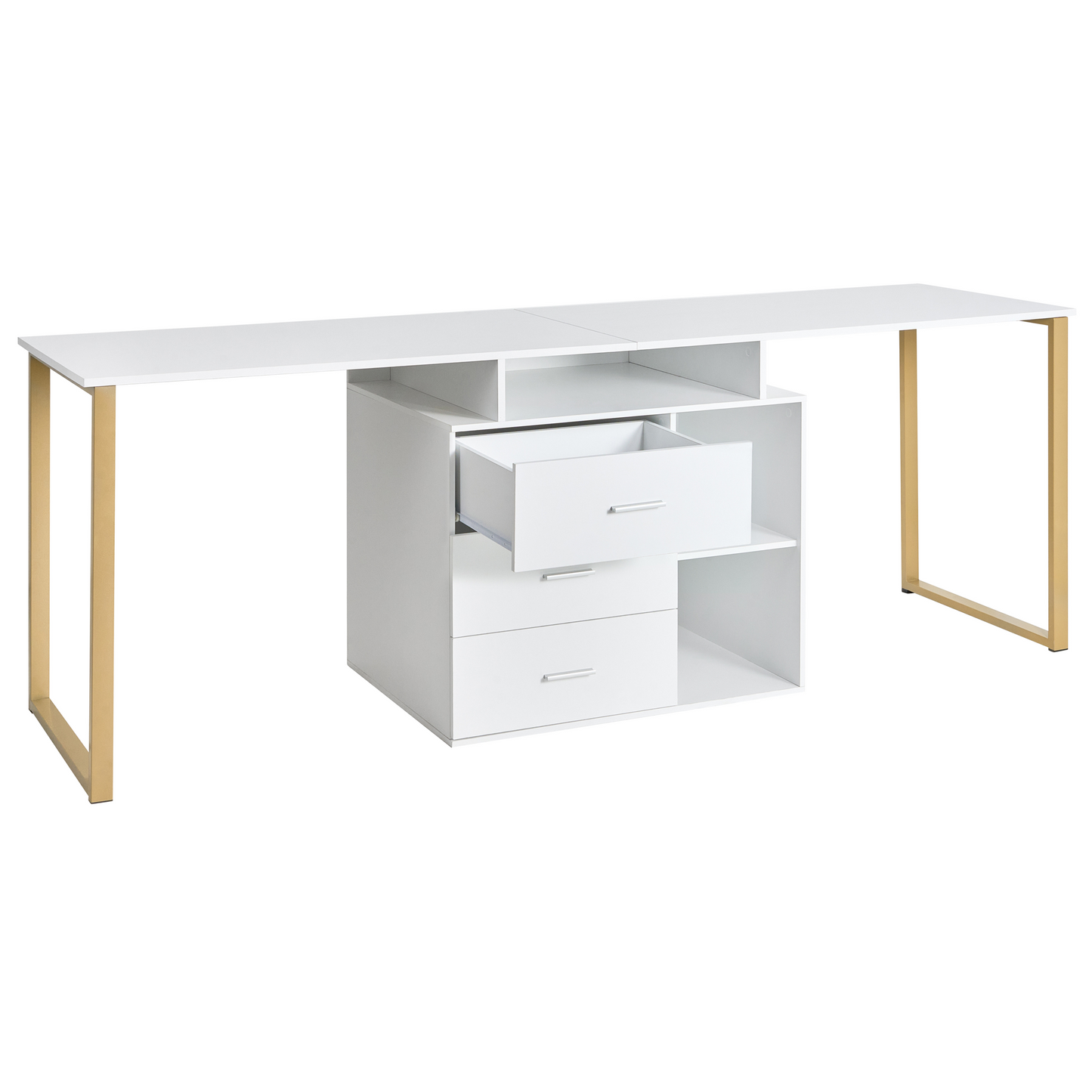 White L-Shaped Corner Desk With Gold Legs And Storage