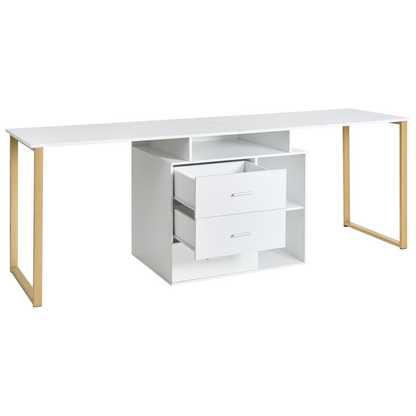 White L-Shaped Corner Desk With Gold Legs And Storage