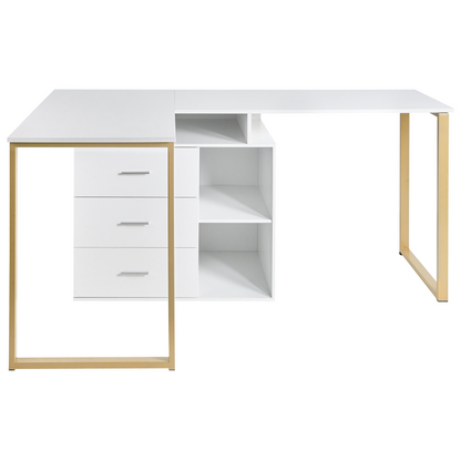 White L-Shaped Corner Desk With Gold Legs And Storage