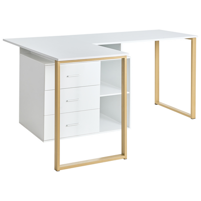White L-Shaped Corner Desk With Gold Legs And Storage