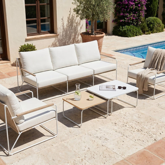 Garden Sofa Set 5 Seater White Beige Nesting Tables