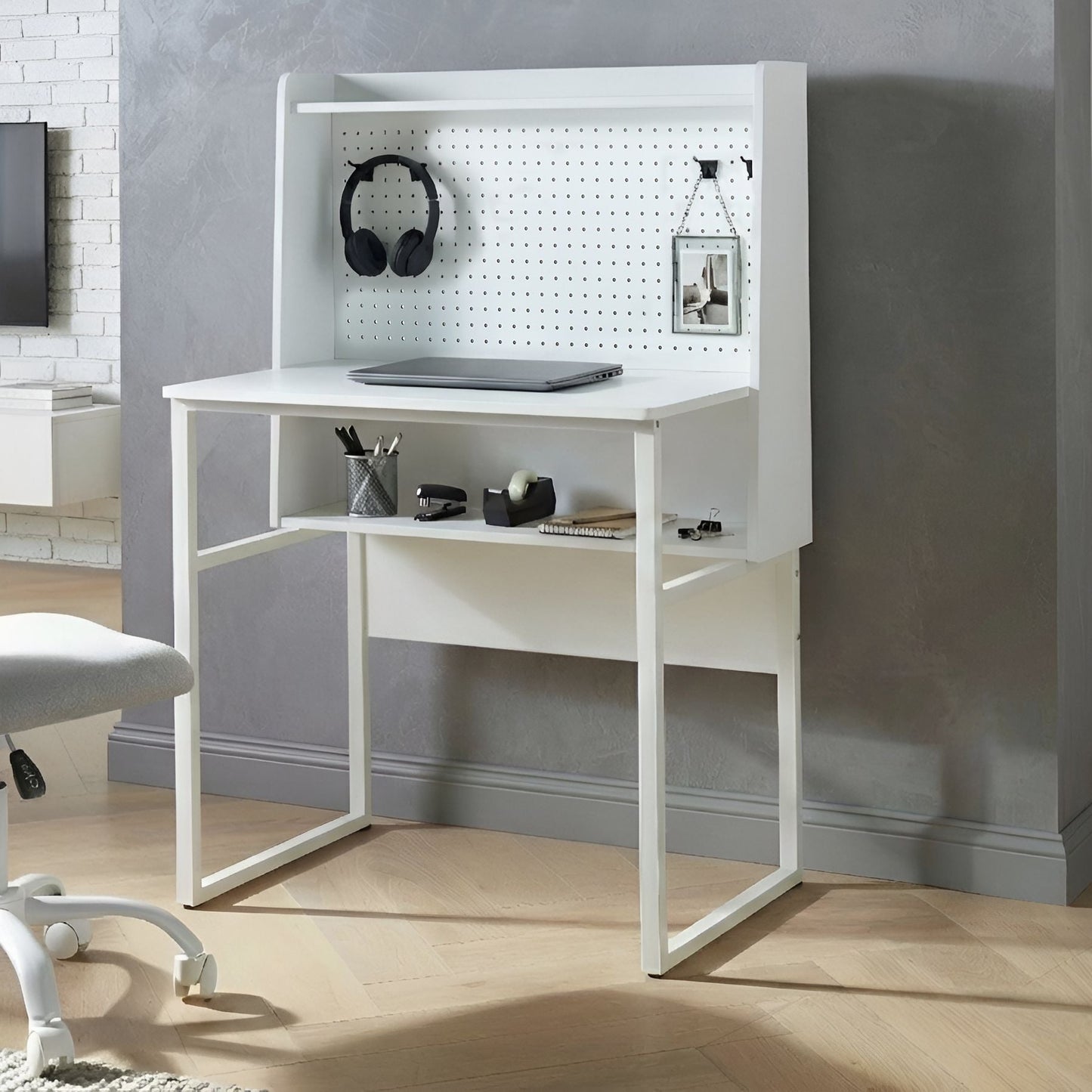 Office Desk White With Pegboard Wall And Open Shelves For Clutter Free Workspace