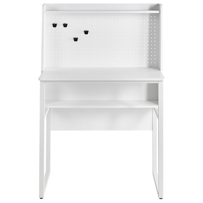 Office Desk White With Pegboard Wall And Open Shelves For Clutter Free Workspace