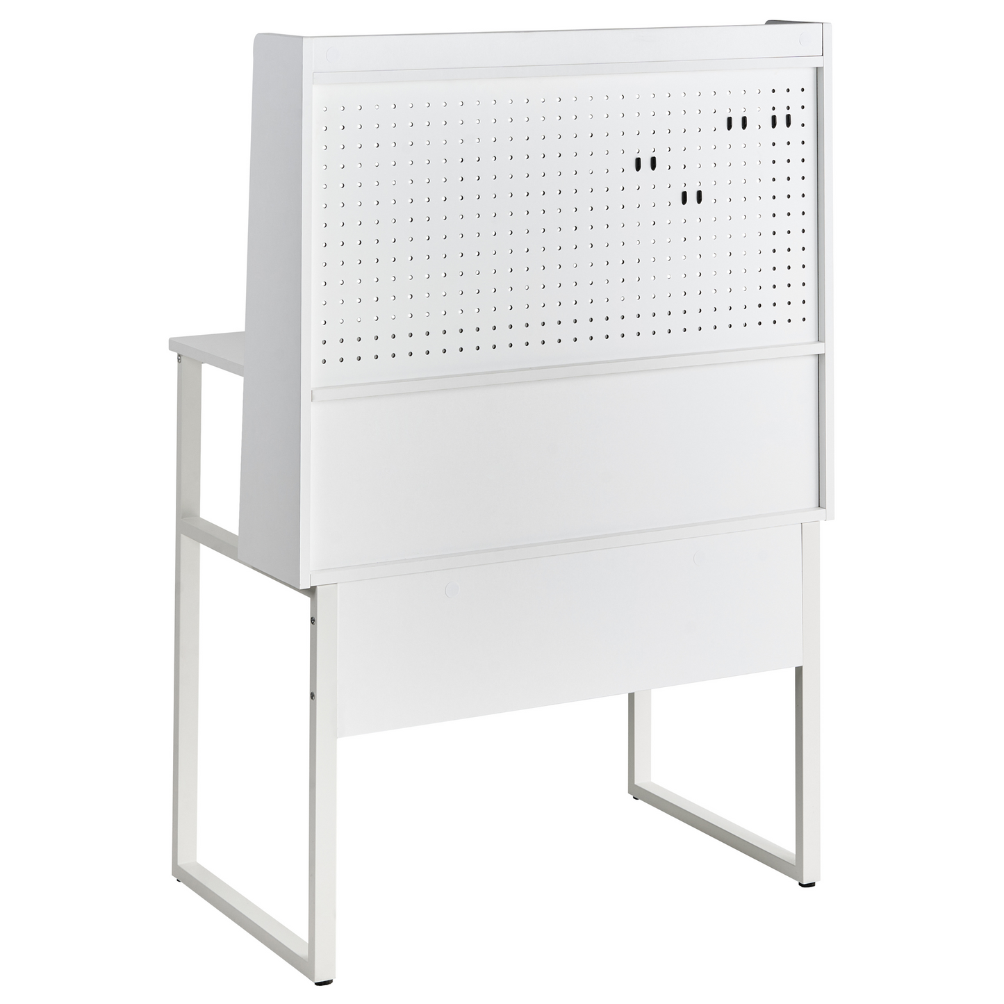 Office Desk White With Pegboard Wall And Open Shelves For Clutter Free Workspace