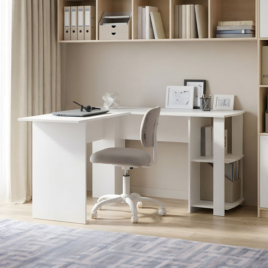 White Corner Desk With Open Shelves L-Shape