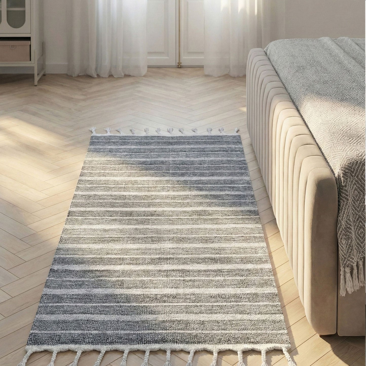 Area Rug Off White 80 x 150 Handwoven Recycled Material Stripe Modern