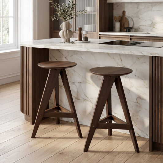 Retro Rubber Wood Dining Stools Set Dark Brown 2 Pack