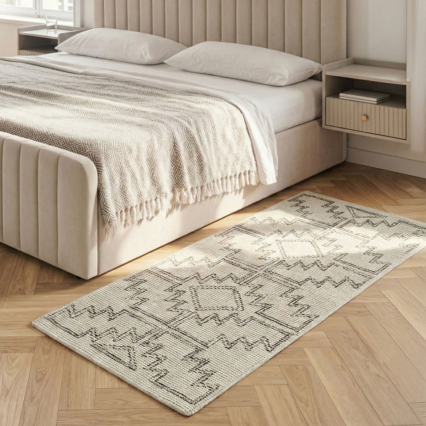 Wool Area Rug Beige And Black Hand Tufted Geometric Boho 80 X 150cm Living Room