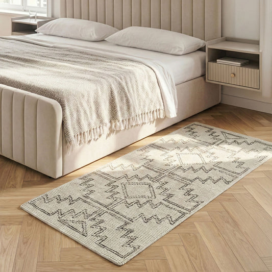 Wool Area Rug Beige And Black Hand Tufted Geometric Boho 80 X 150cm Living Room