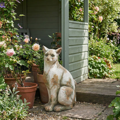Garden Cat Figurine Handmade Distressed White Beige 21 x 30 x 50cm