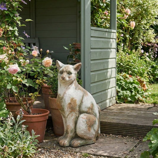 Garden Cat Figurine Handmade Distressed White Beige 21 x 30 x 50cm