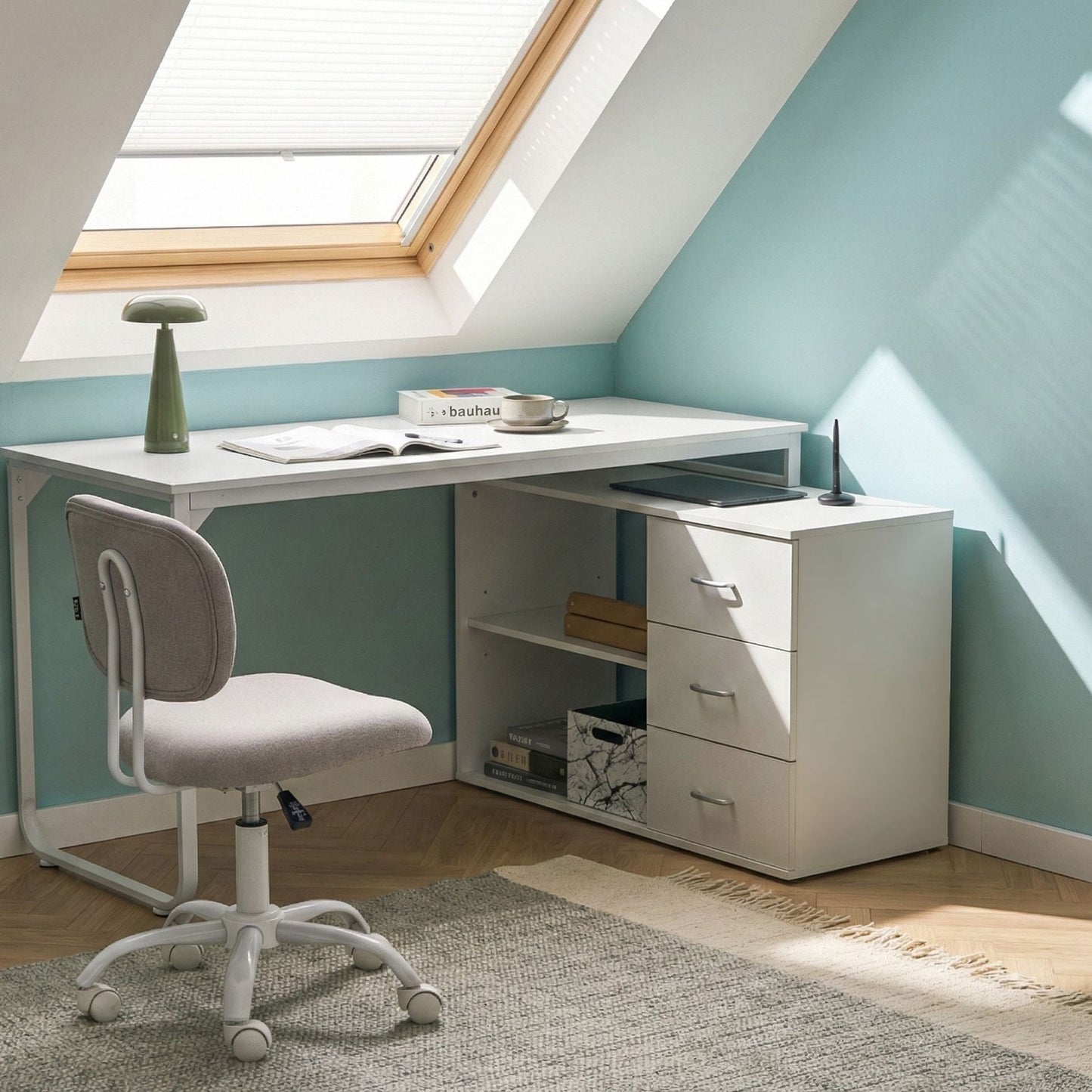 White Corner Desk 140 x 100cm Iron Legs 2 Shelves 3 Drawers