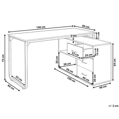 White Corner Desk 140 x 100cm Iron Legs 2 Shelves 3 Drawers