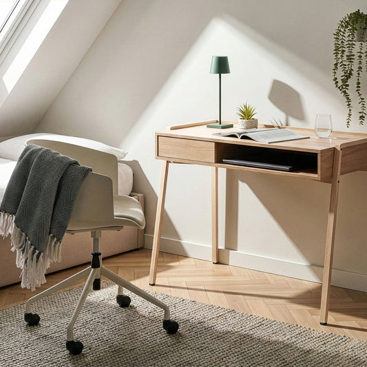Minimalist Light Brown Office Desk 107 x 48cm With Iron Legs Shelf And Drawer
