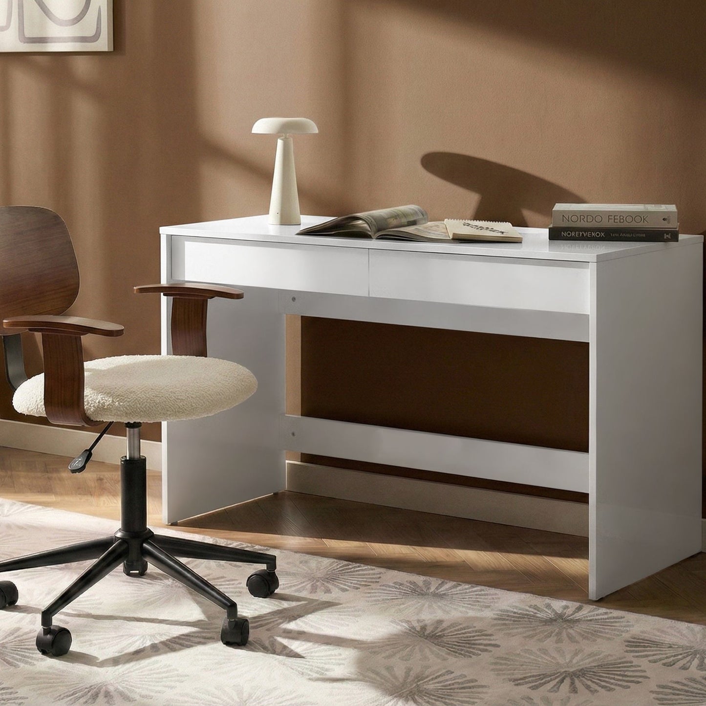 White Home Office Desk 110 x 50cm With Two Drawers And Two Shelves Scandinavian Style
