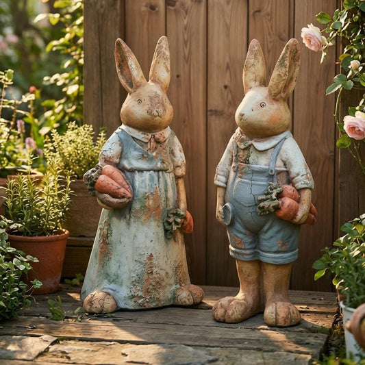Set Of 2 Multicolor Rabbit Garden Figurines