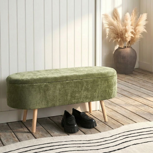 Chenille Green Storage Bench With Pine Wood Legs
