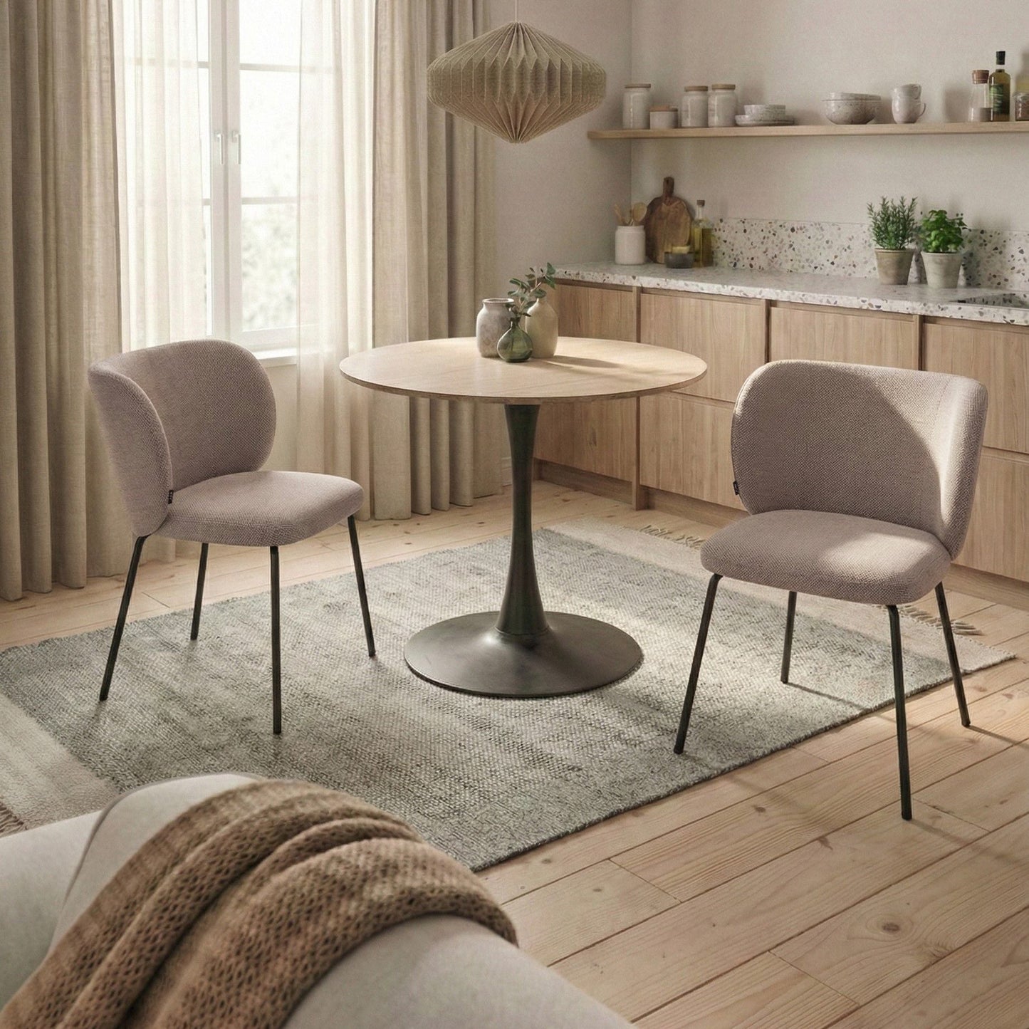Set of 2 Taupe Upholstered Dining Chairs Without Armrests Metal Base Retro Design Water Repellent Fabric