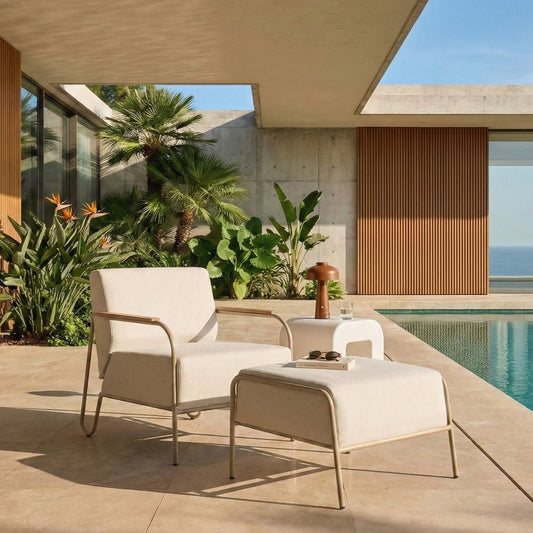 Beige Garden Chair With Upholstered Cushions And Footrest