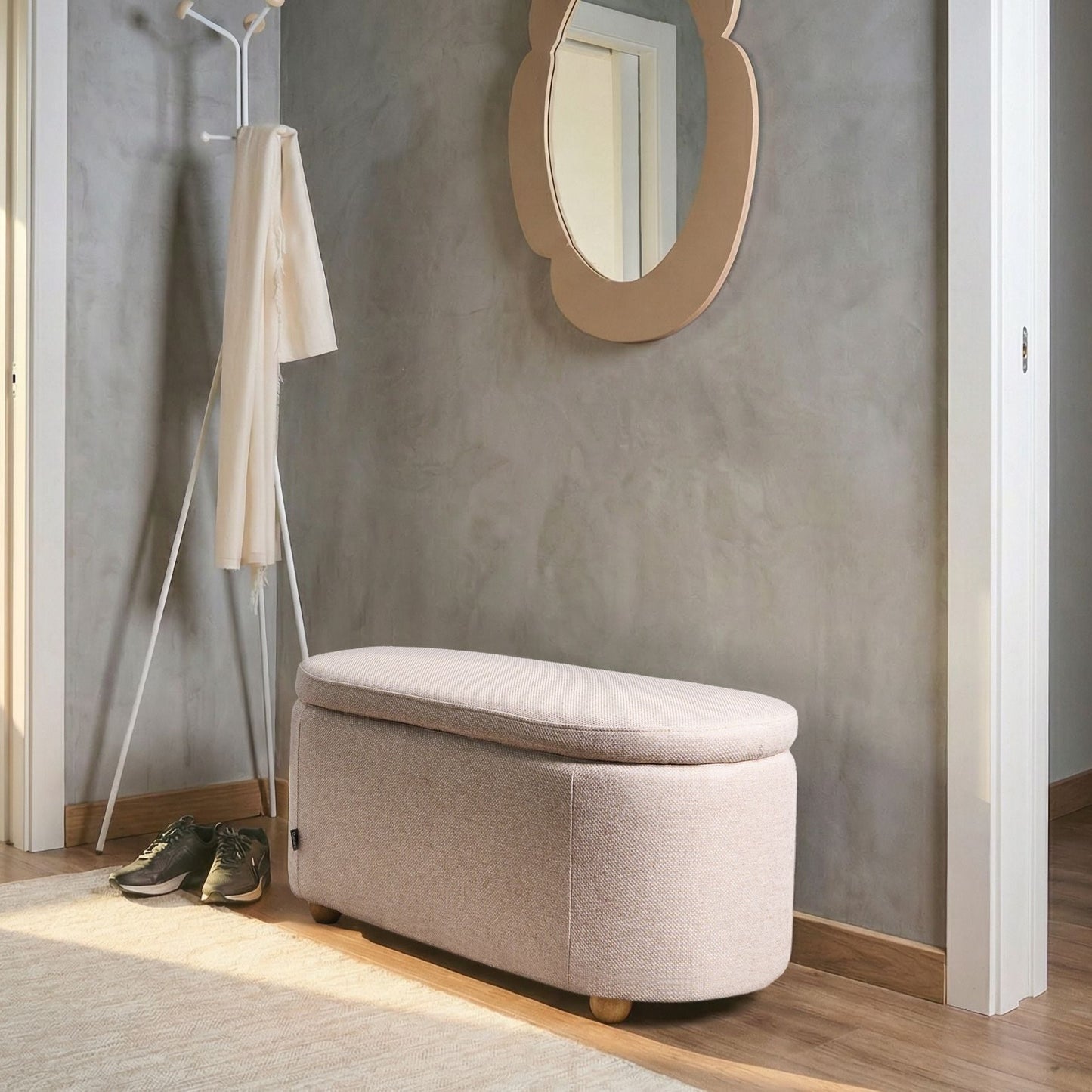 Storage Bench Beige Fabric Water-Repellent Upholstered Ottoman With Storage