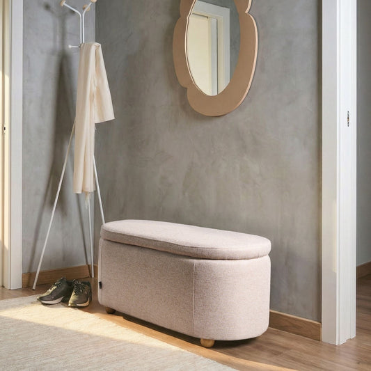 Storage Bench Beige Fabric Water-Repellent Upholstered Ottoman With Storage