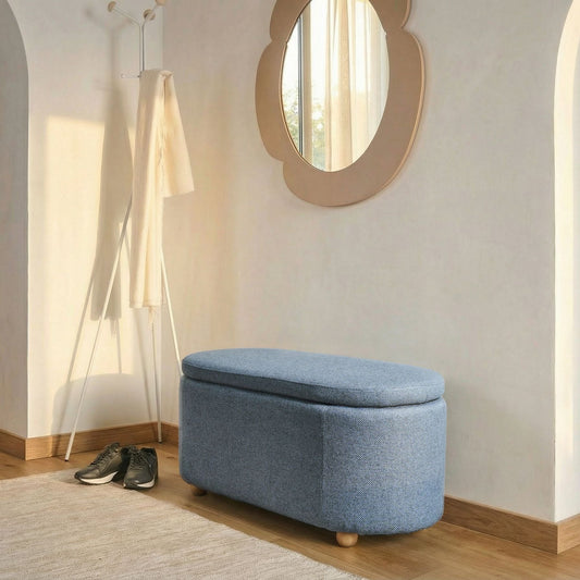 Blue Water-Repellent Storage Bench With Upholstered Ottoman