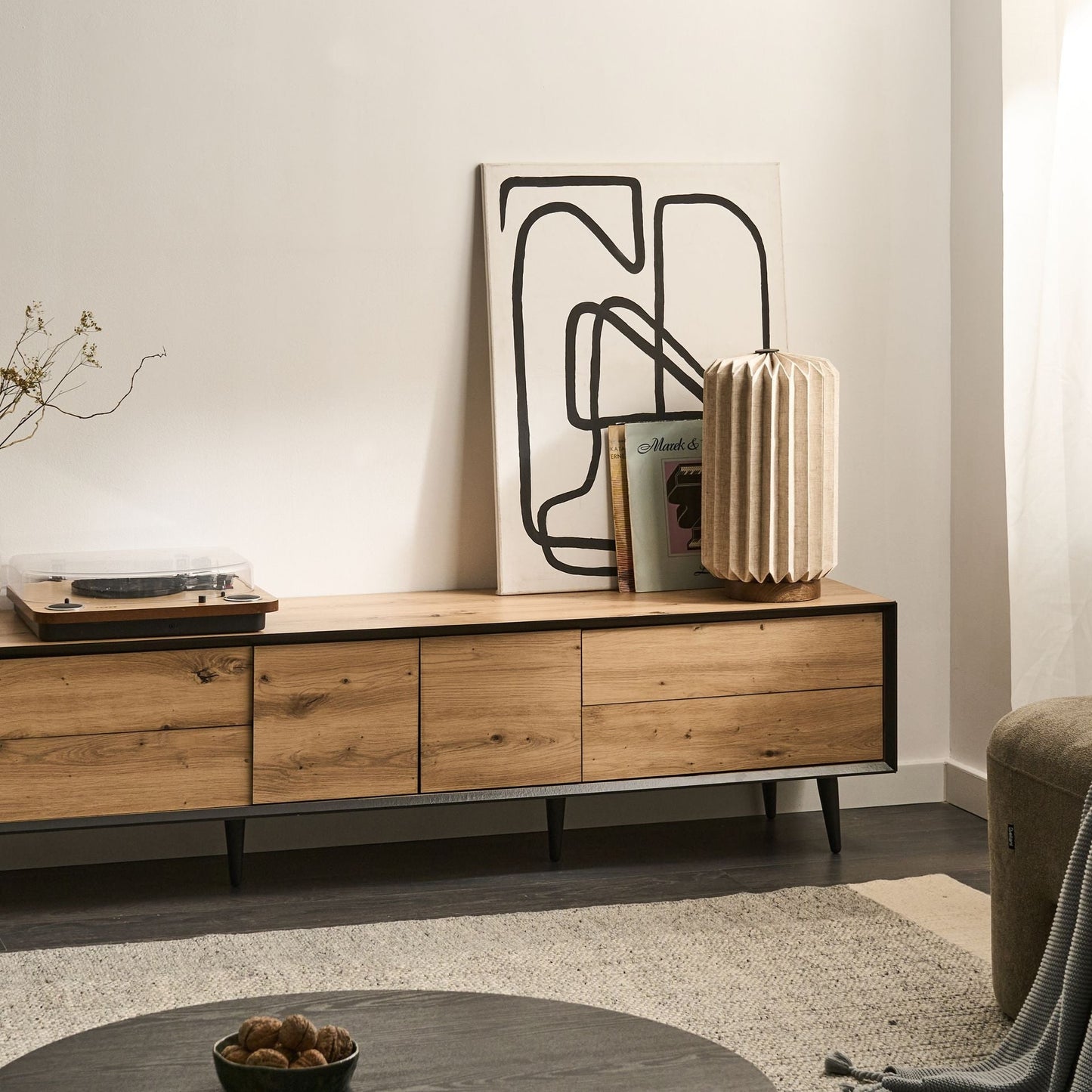 LoftCraft TV Stand Light Brown MDF 2 Door 4 Drawers Cabinet With Metal Legs Modern Design