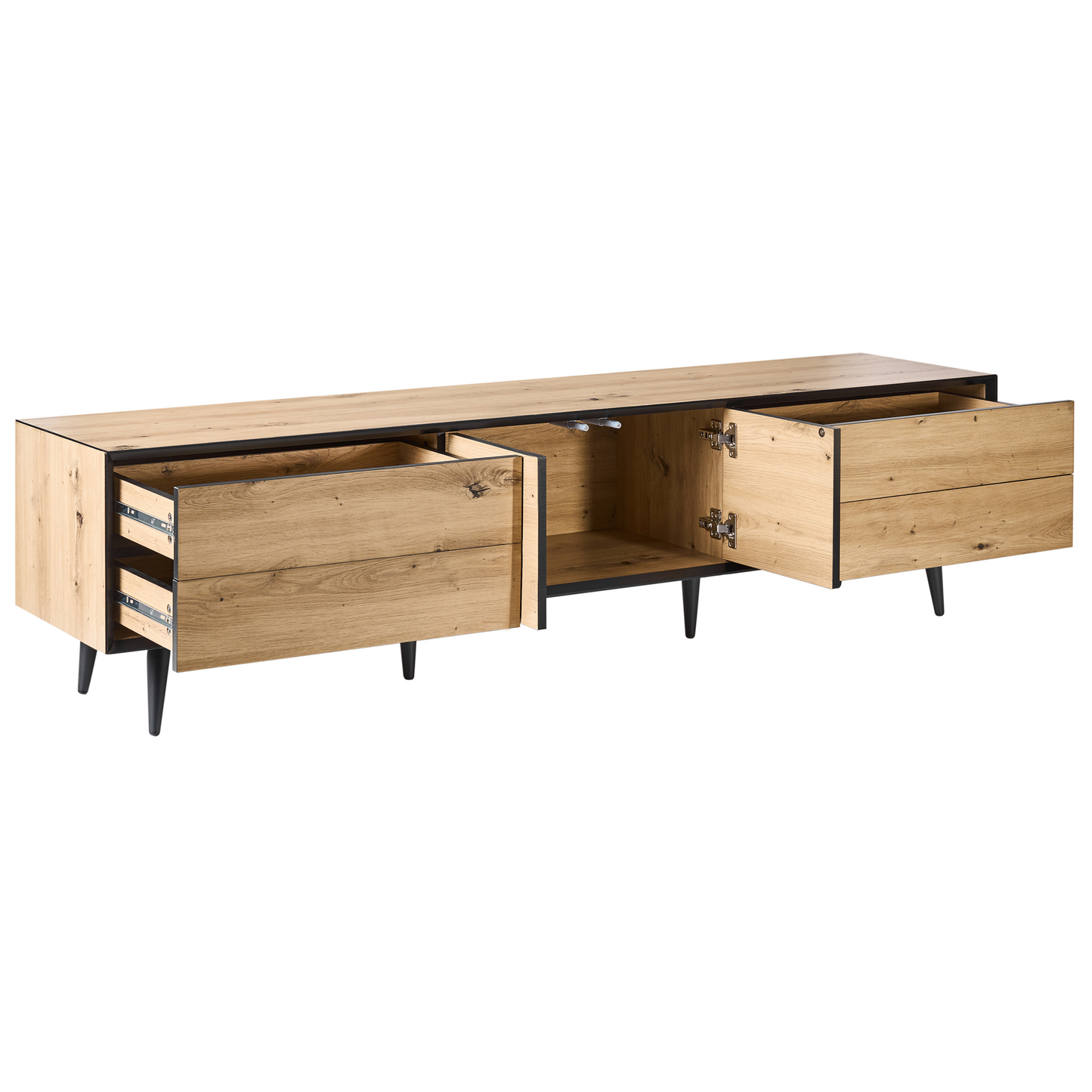 LoftCraft TV Stand Light Brown MDF 2 Door 4 Drawers Cabinet With Metal Legs Modern Design