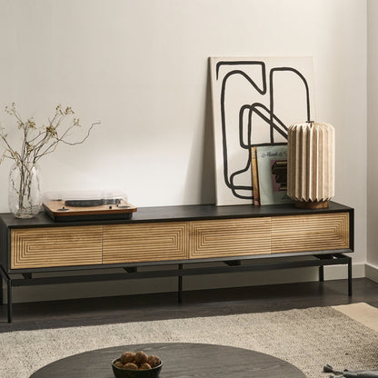 LoftCraft TV Stand Light Brown MDF With Metal Legs 2 Doors 4 Drawers