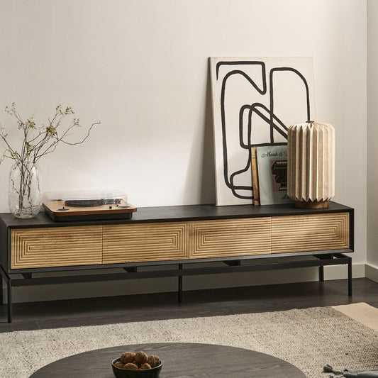 LoftCraft TV Stand Light Brown MDF With Metal Legs 2 Doors 4 Drawers