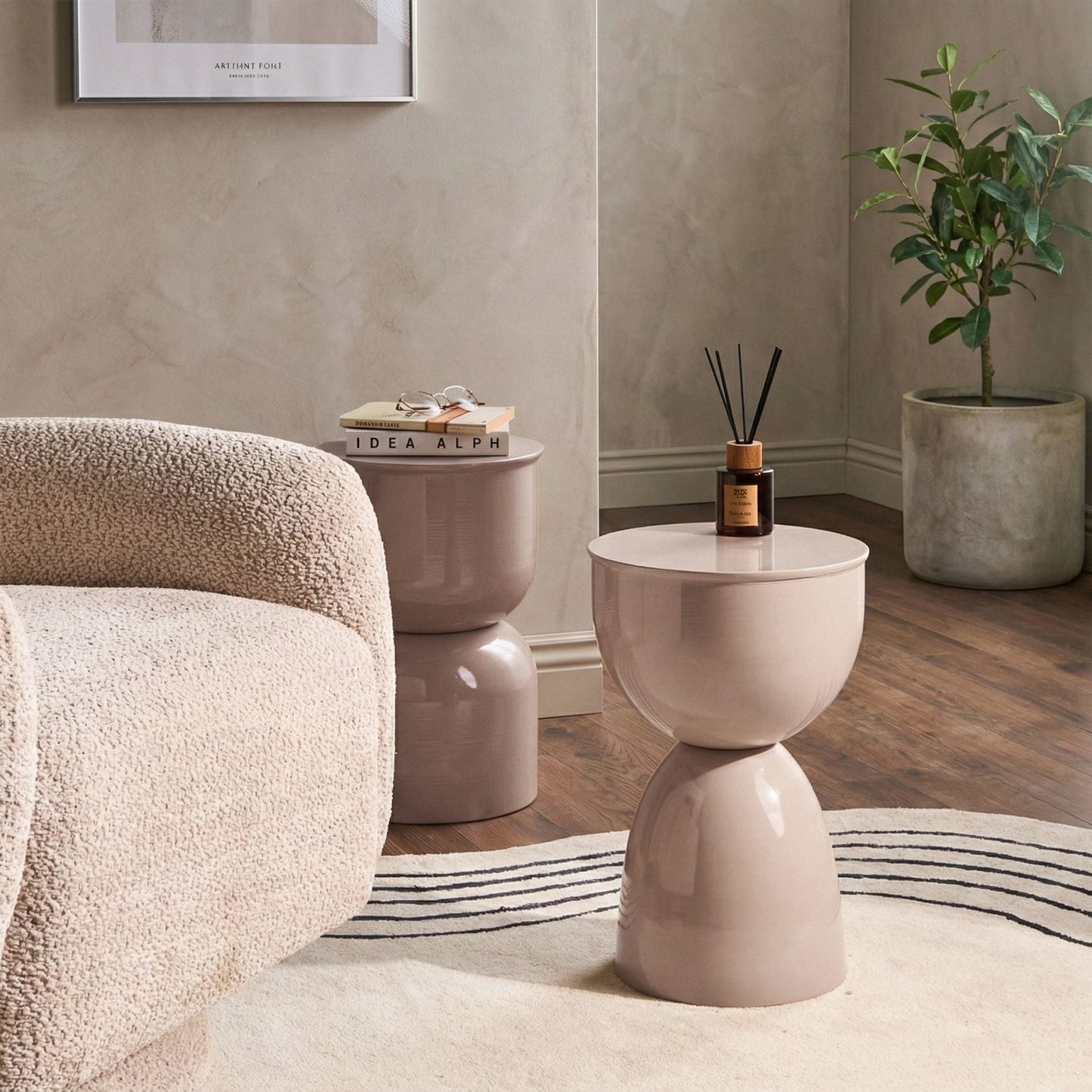 Accent Side Table Light Beige Iron Painted Indoor Living Room Bedroom Durable Minimalist Design