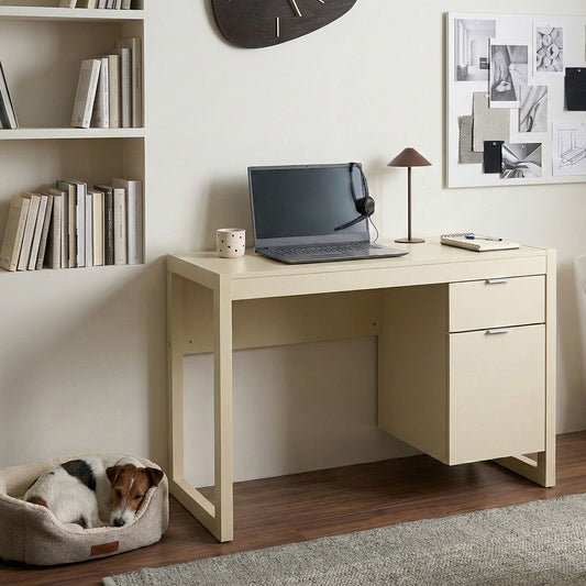 Home Scandinavian Desk With Drawer Storage Beige Wood 110 x 50cm Modern Minimalist Office