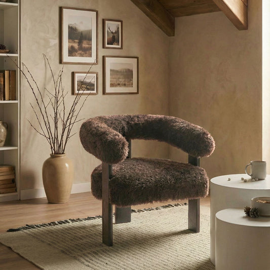 Armchair Faux Fur Dark Brown Retro With Wooden Legs