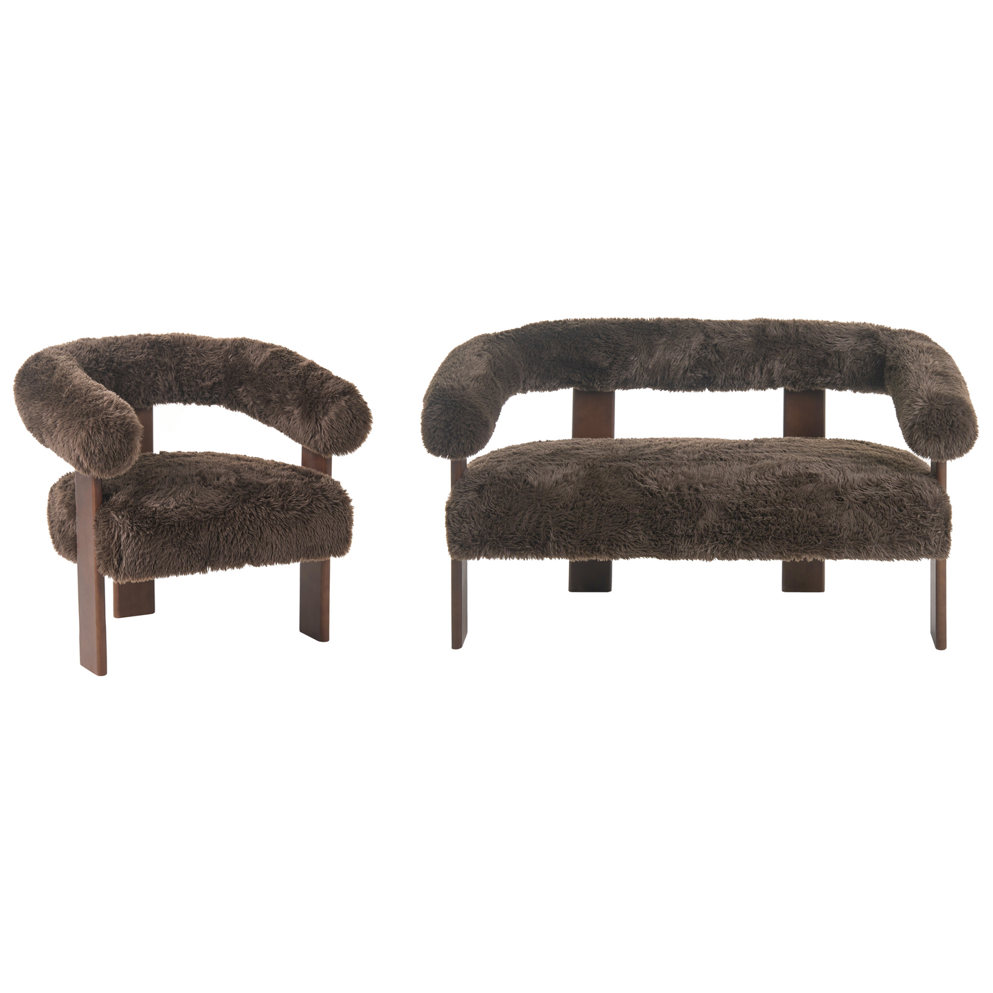 Retro Faux Fur Sofa Set 2 Seater Armchair Dark Brown