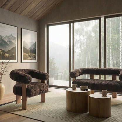 Dark Brown And Light Brown Faux Fur Sofa Set 2 Seater Chair
