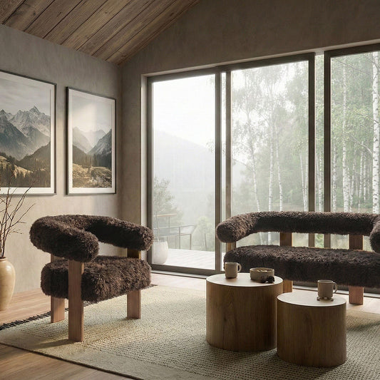 Dark Brown And Light Brown Faux Fur Sofa Set 2 Seater Chair