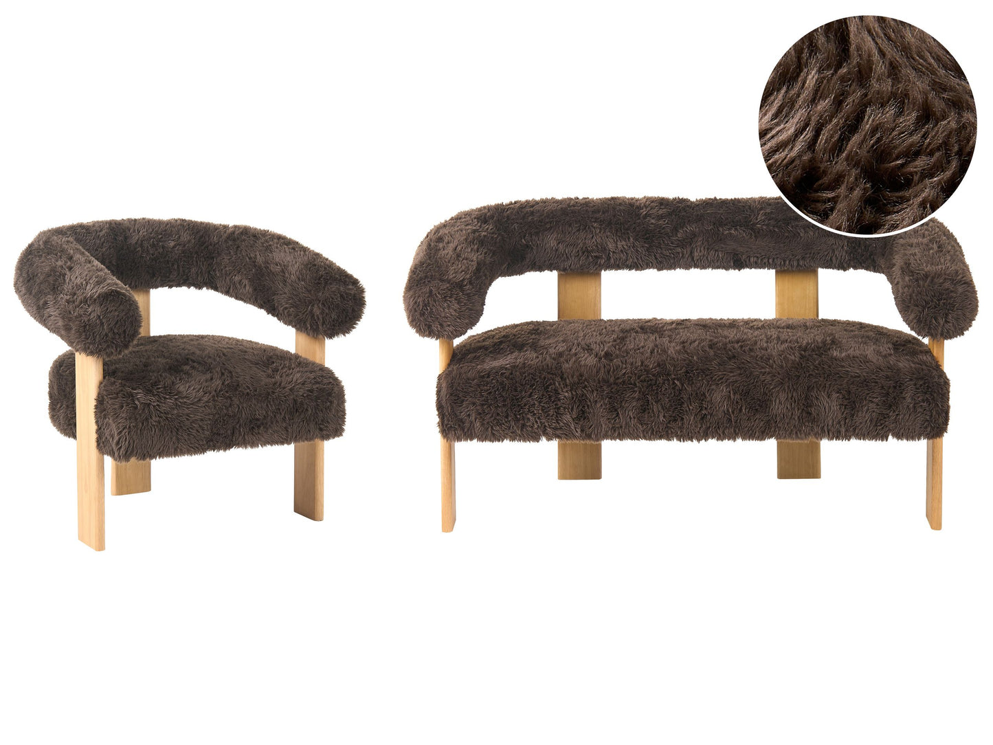 Dark Brown And Light Brown Faux Fur Sofa Set 2 Seater Chair