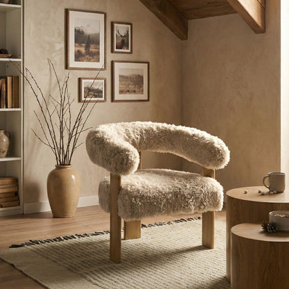 Armchair Faux Fur Off White And Brown Retro Wood Legs