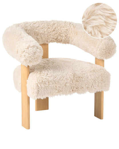 Armchair Faux Fur Off White And Brown Retro Wood Legs