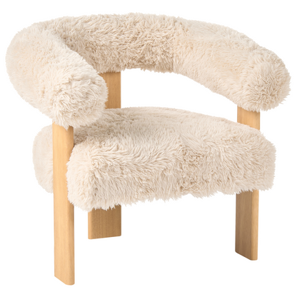 Armchair Faux Fur Off White And Brown Retro Wood Legs