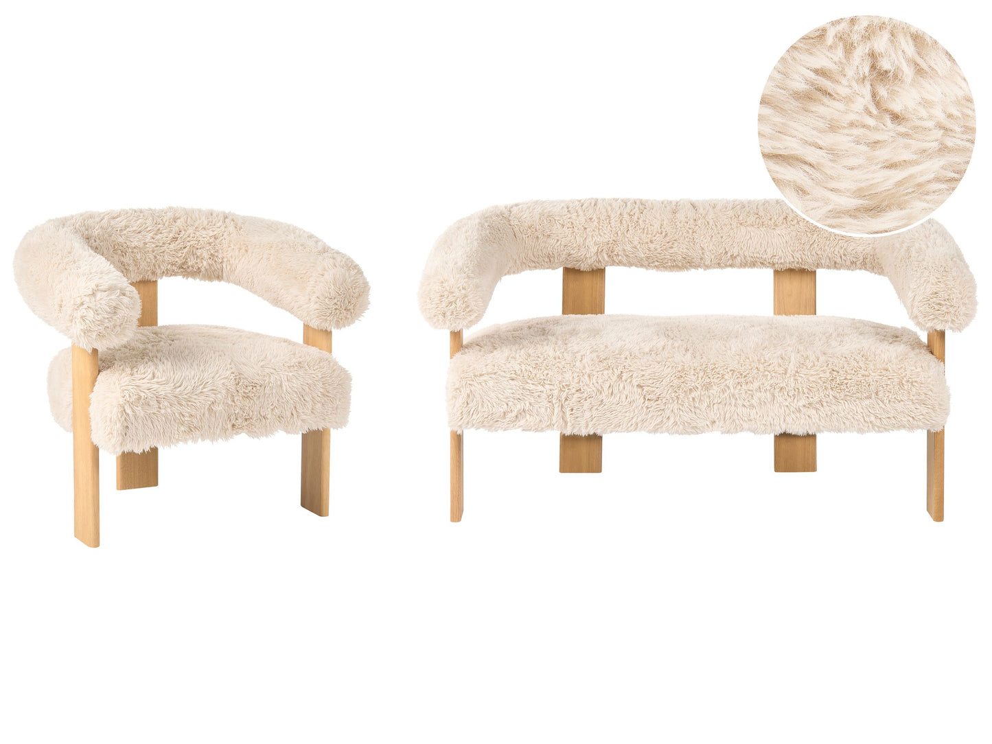 Noble Retro Sofa Set 2 Seater Armchair Faux Fur Upholstery Off White