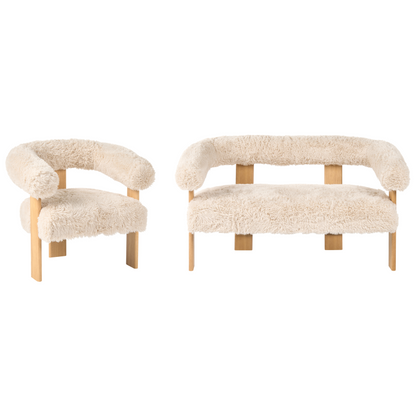 Noble Retro Sofa Set 2 Seater Armchair Faux Fur Upholstery Off White