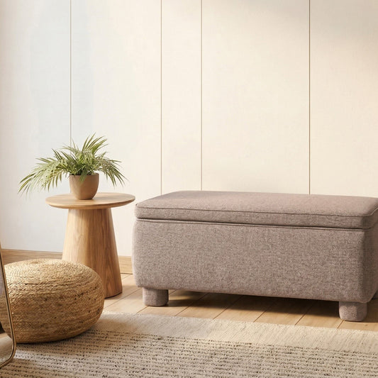 Taupe Storage Bench With Lift Up Top And Wooden Legs