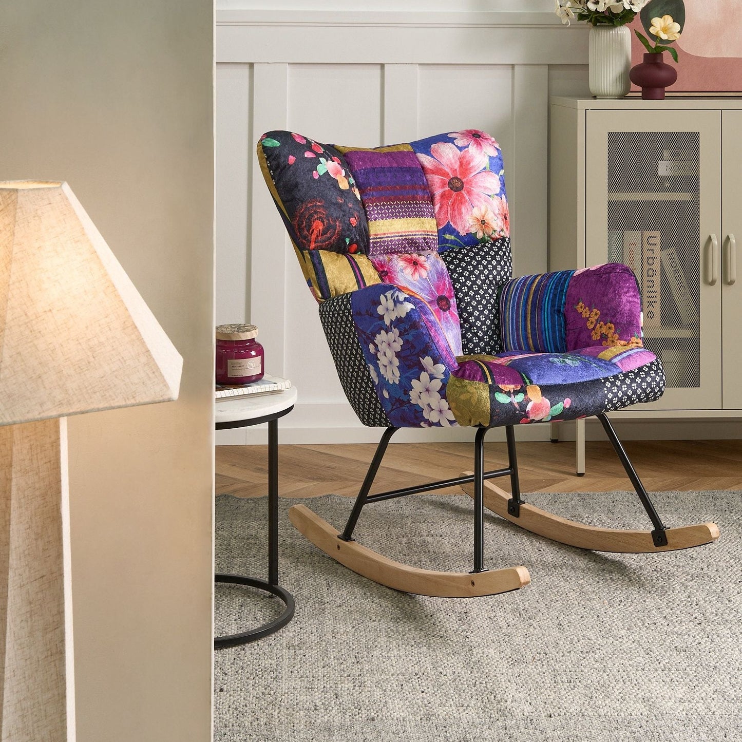 Velvet Rocking Chair Multicolor Tufted Biscuit Style Wood Legs